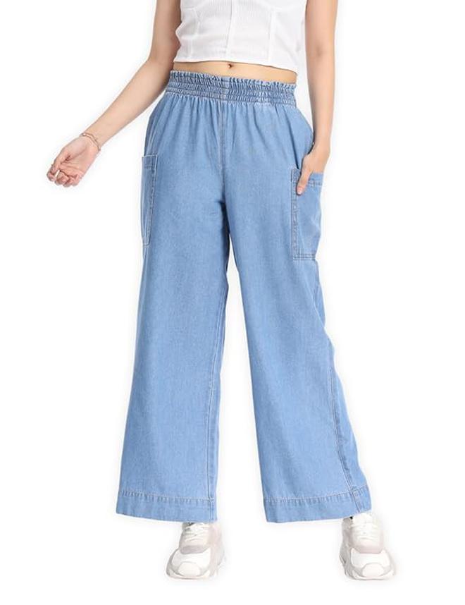inkd Women's Wide Leg Jeans - High-Rise | 100% Cotton| Enzyme Wash | Elasticated Waistband | Jeans for Women - Image 1